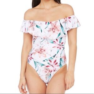 NWT LaBlanca Flyaway Orchid Ruffle Off The Shoulder One Piece Swimsuit
Size 6